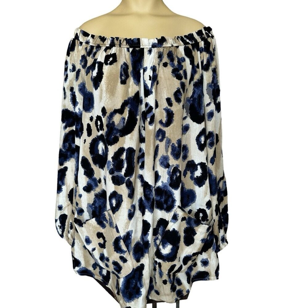 St John Blouse Tunic Medium Off The Shoulder Silk Pockets Animal Print Beige